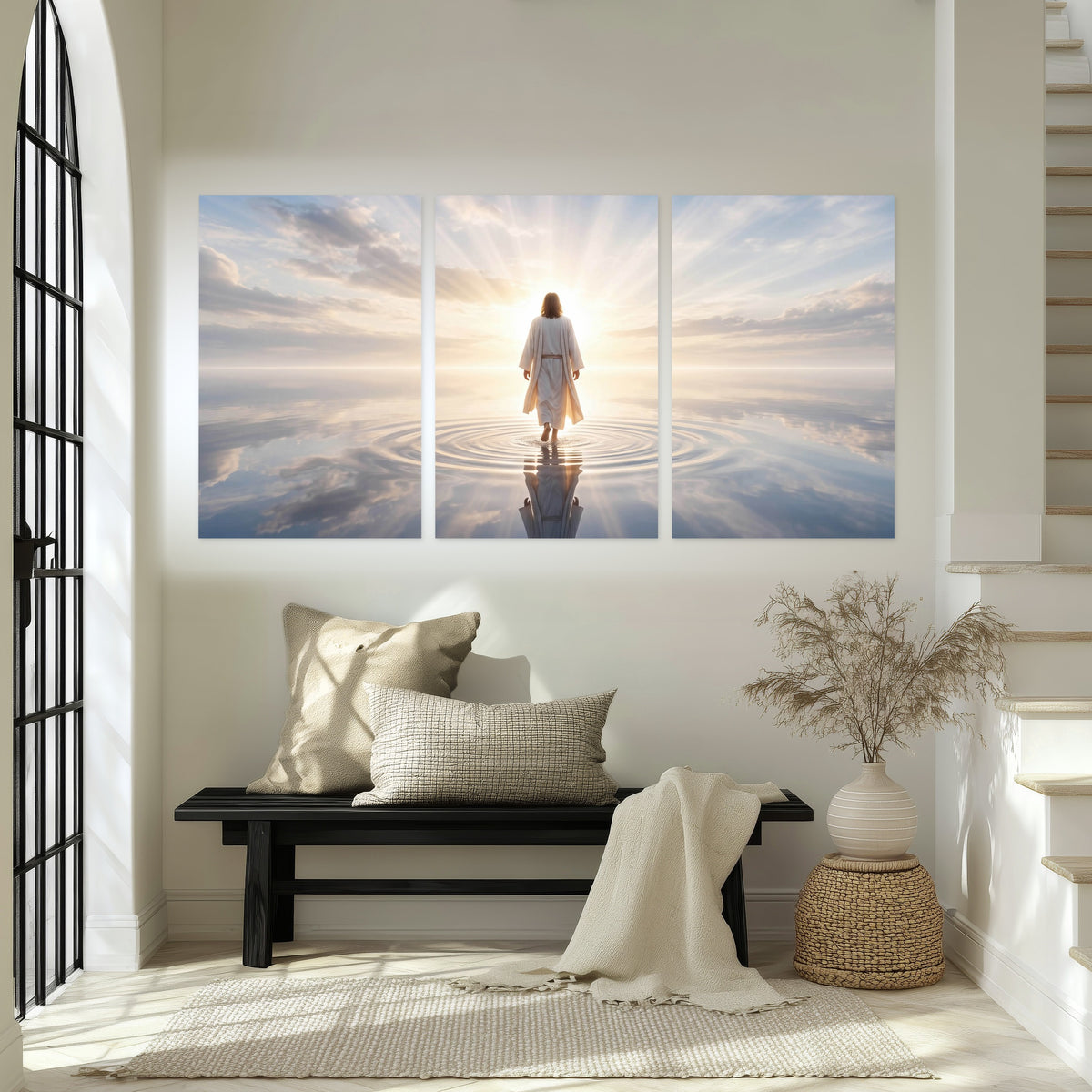 Jesus walking on water painting set of 3 poster prints in an entryway above a bench