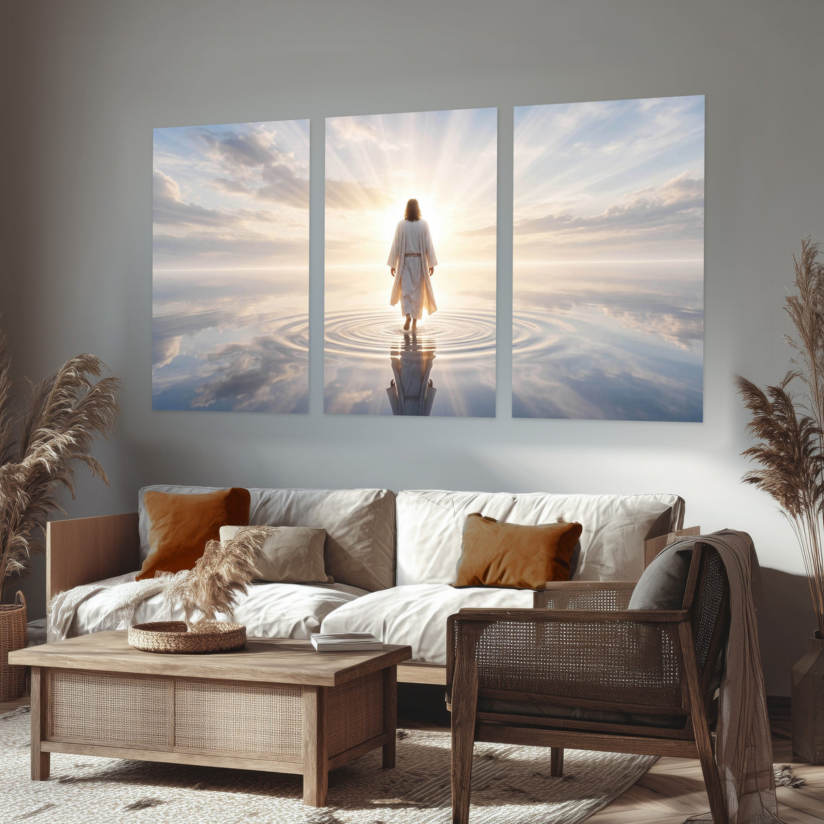Jesus walking on water painting set of 3 poster prints in a rustic living room