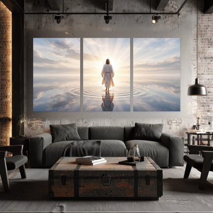 Jesus walking on water painting set of 3 poster prints in an industrial loft