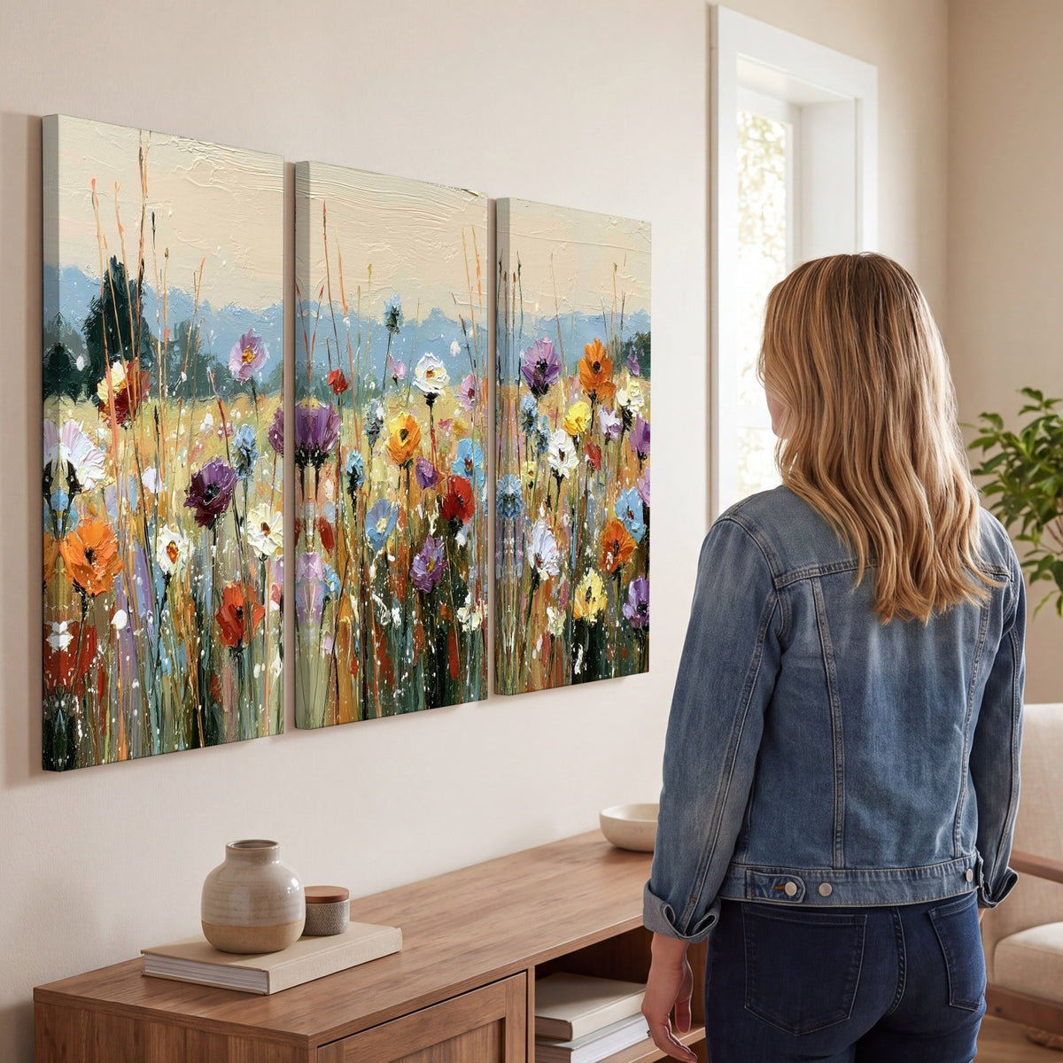 Colorful wildflower meadow painting 3 piece canvas wall art in a living room