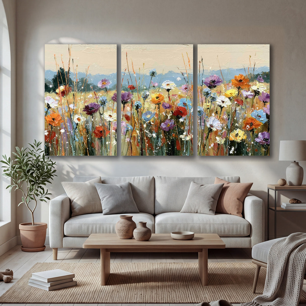 Colorful wildflower meadow painting 3 piece canvas wall art in a bright living room