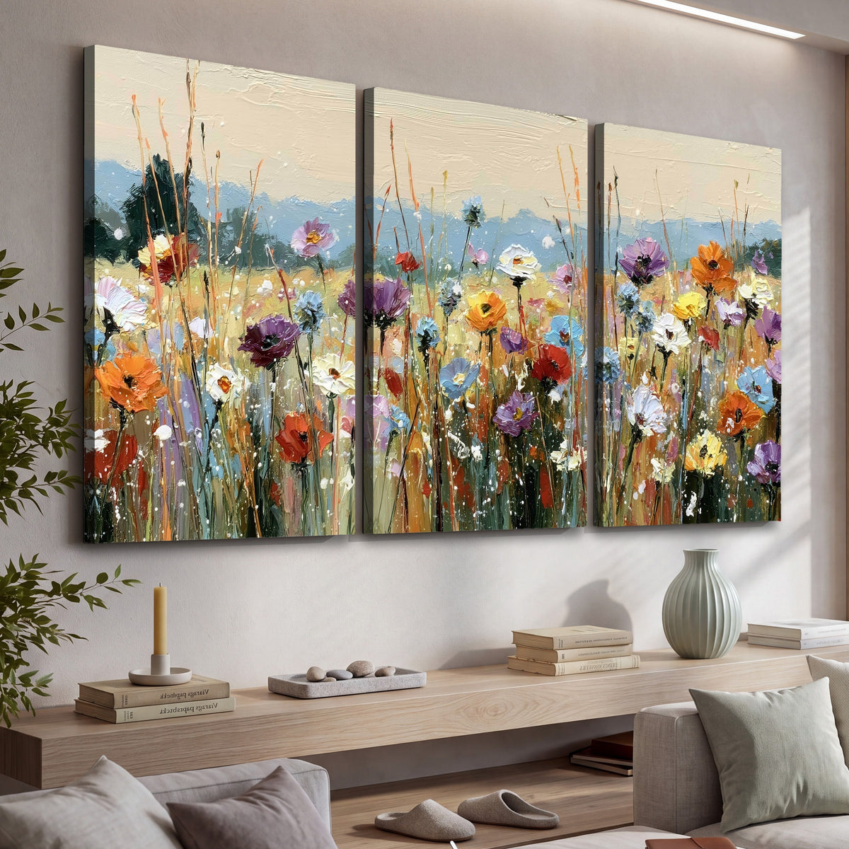 Colorful wildflower meadow painting 3 piece canvas wall art in a living room above a console
