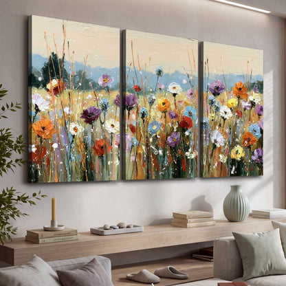 Colorful wildflower meadow painting 3 piece canvas wall art in a living room above a console
