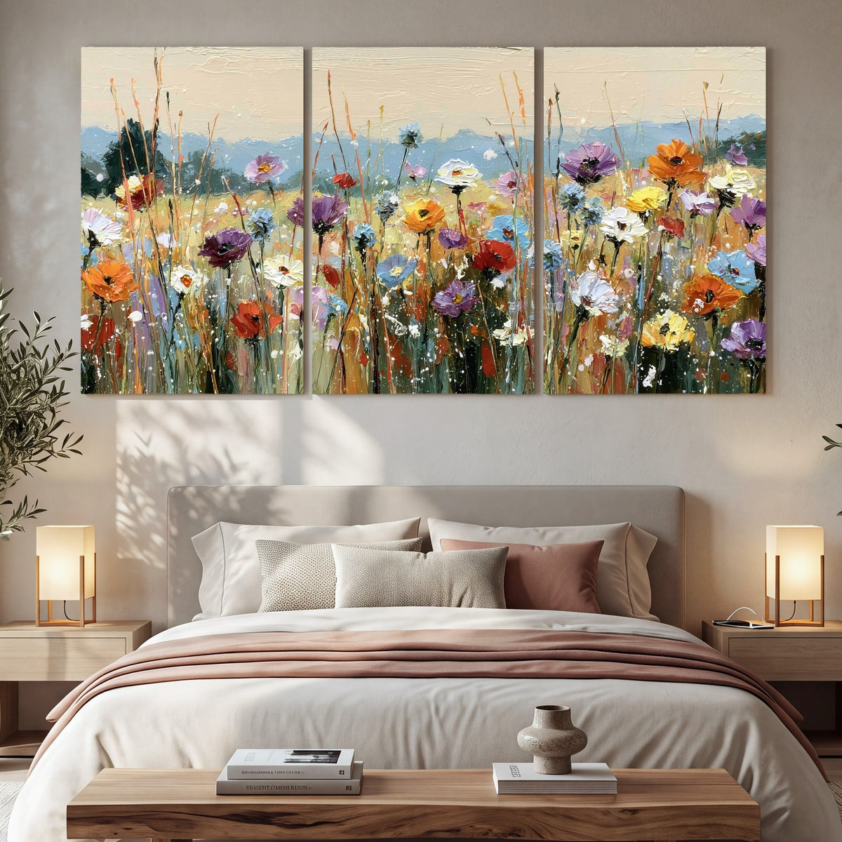 Colorful wildflower meadow painting 3 piece canvas wall art in a bedroom above the bed