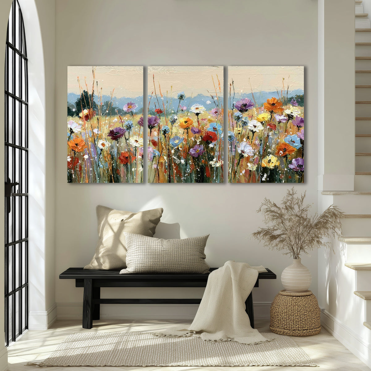 Colorful wildflower meadow painting 3 piece canvas wall art in an entryway above a bench