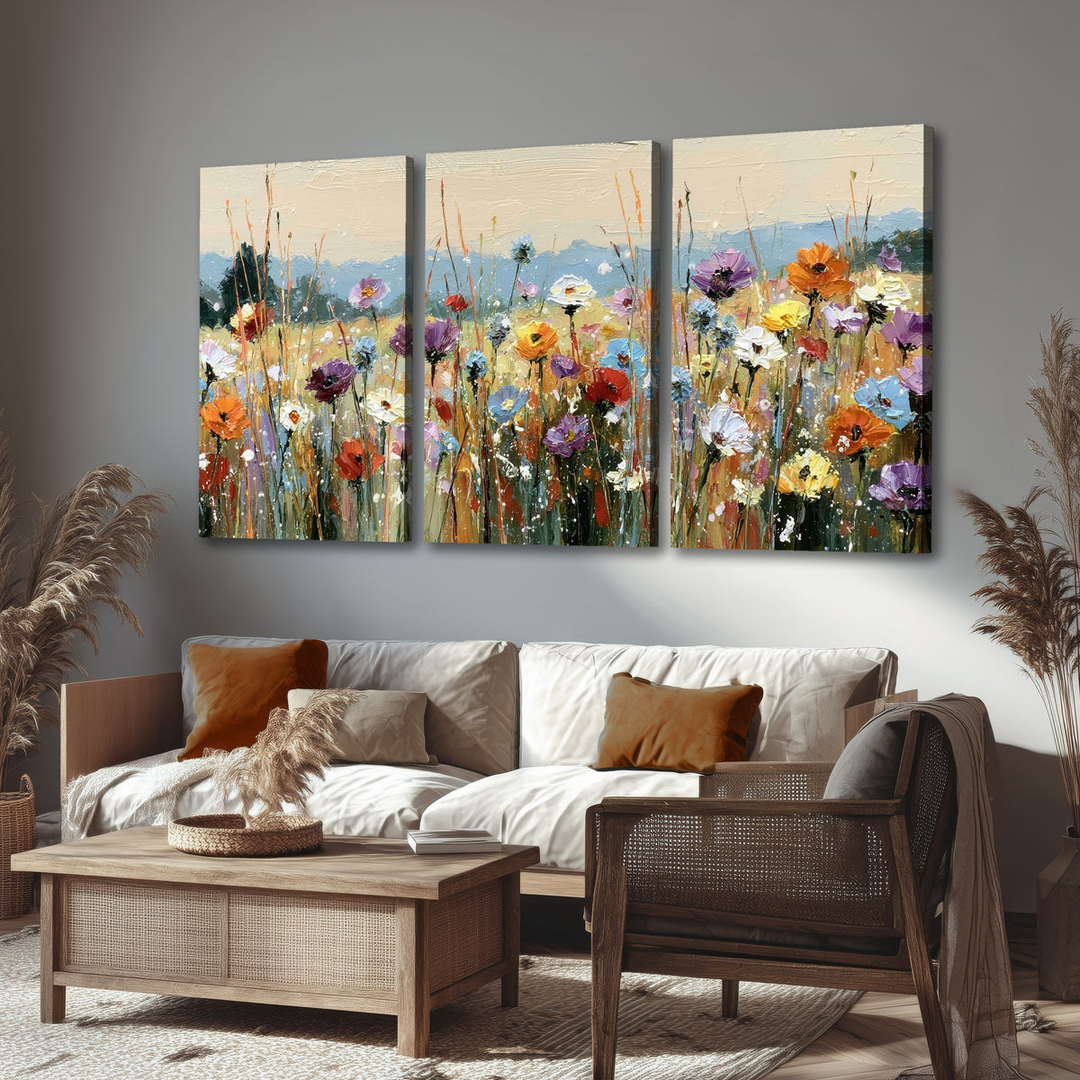 Colorful wildflower meadow painting 3 piece canvas wall art in a rustic living room