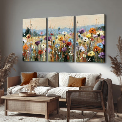 Colorful wildflower meadow painting 3 piece canvas wall art in a rustic living room