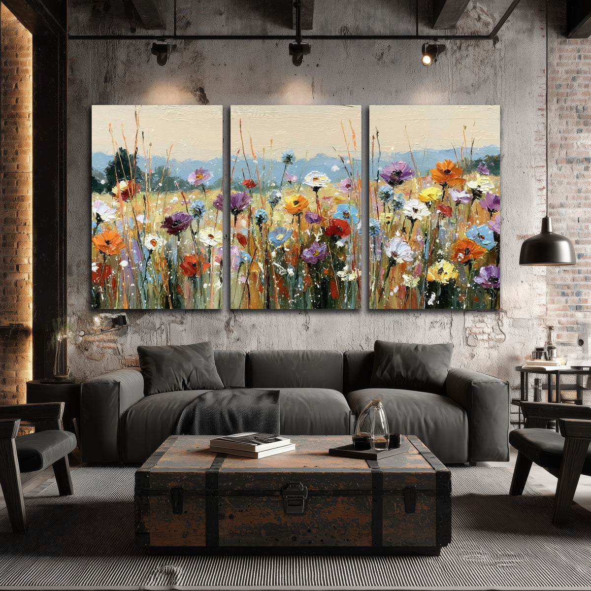 Colorful wildflower meadow painting 3 piece canvas wall art in an industrial loft