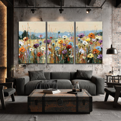 Colorful wildflower meadow painting 3 piece canvas wall art in an industrial loft