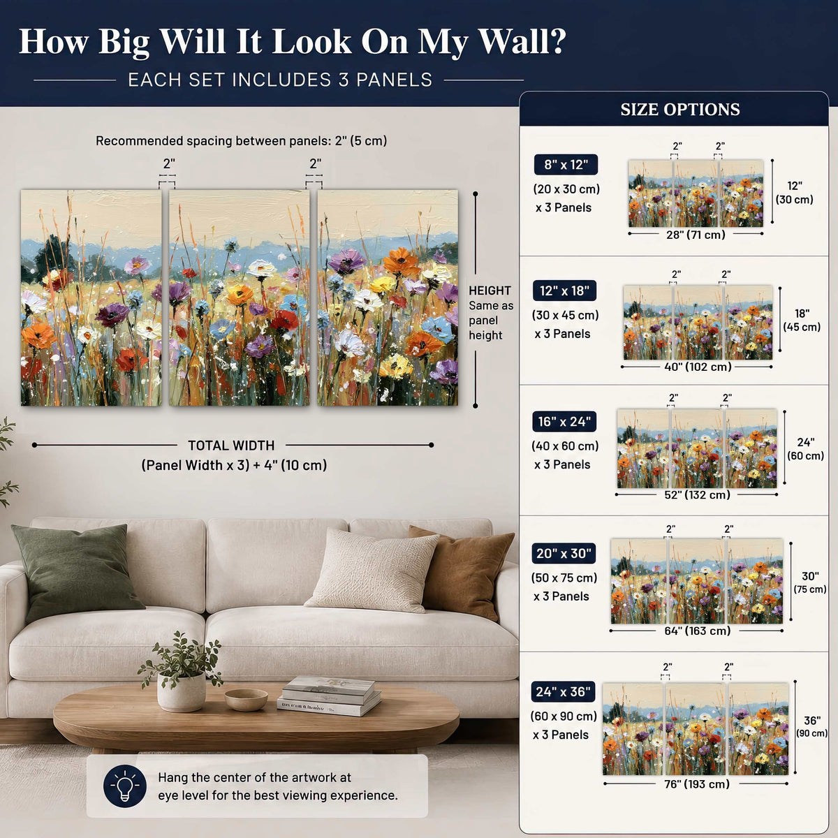 Colorful wildflower meadow painting 3 piece canvas wall art size guide above a sofa