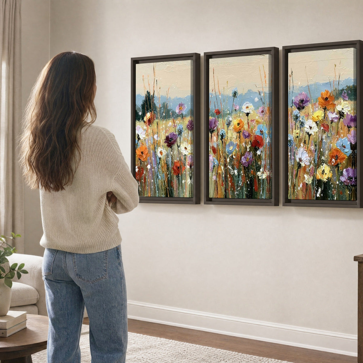 Colorful wildflower meadow painting 3 piece framed canvas in a living room