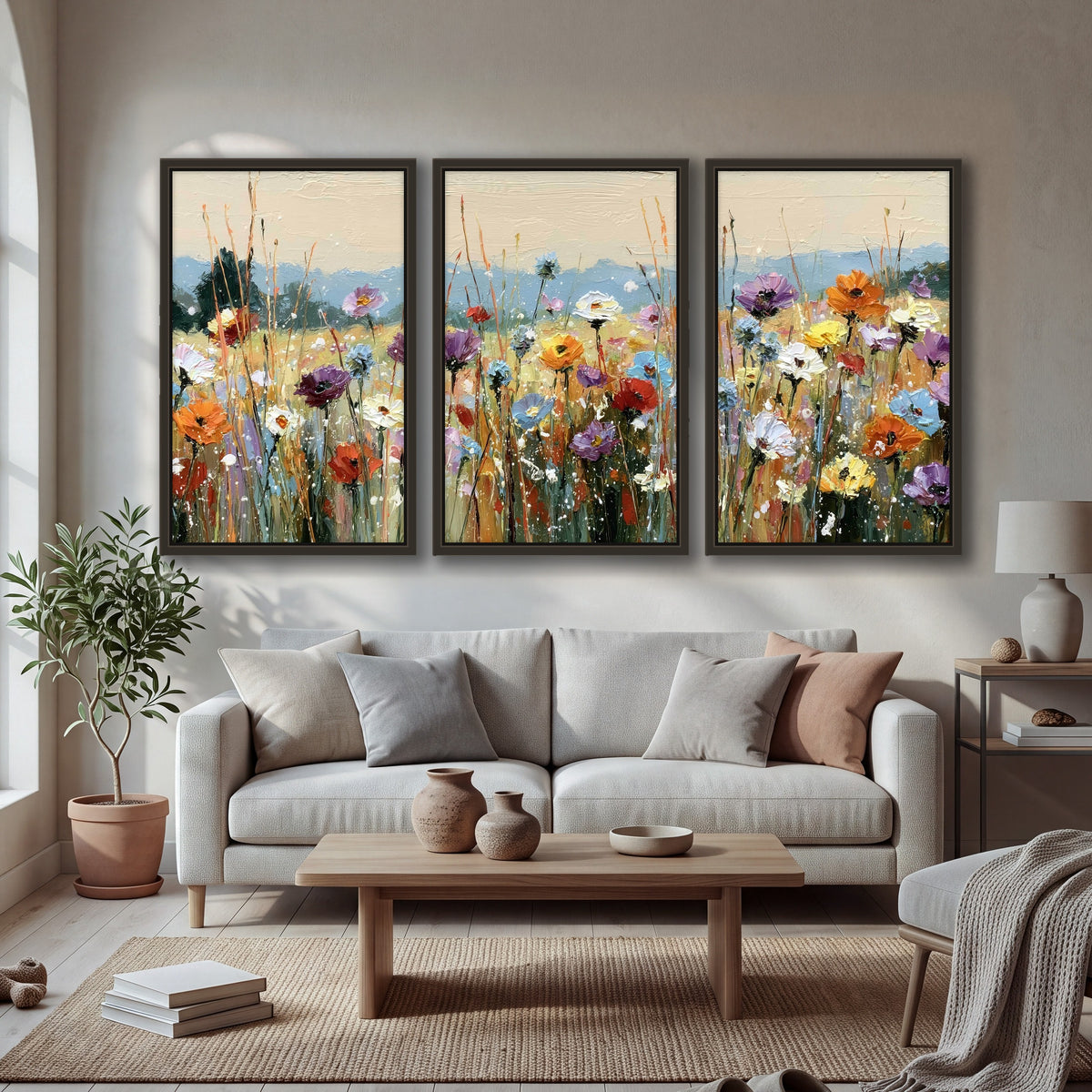Colorful wildflower meadow painting 3 piece framed canvas in a bright living room