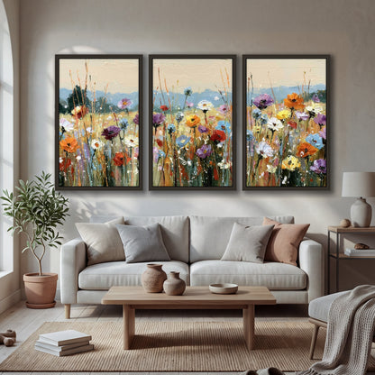 Colorful wildflower meadow painting 3 piece framed canvas in a bright living room