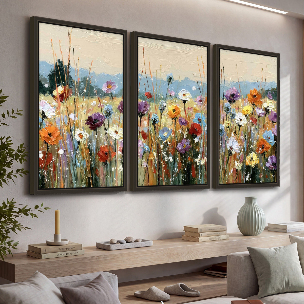 Colorful wildflower meadow painting 3 piece framed canvas in a living room above a console
