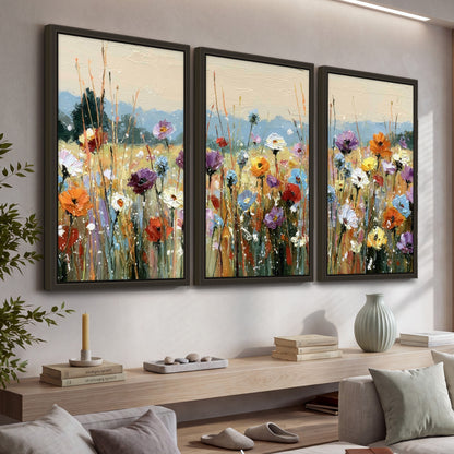 Colorful wildflower meadow painting 3 piece framed canvas in a living room above a console
