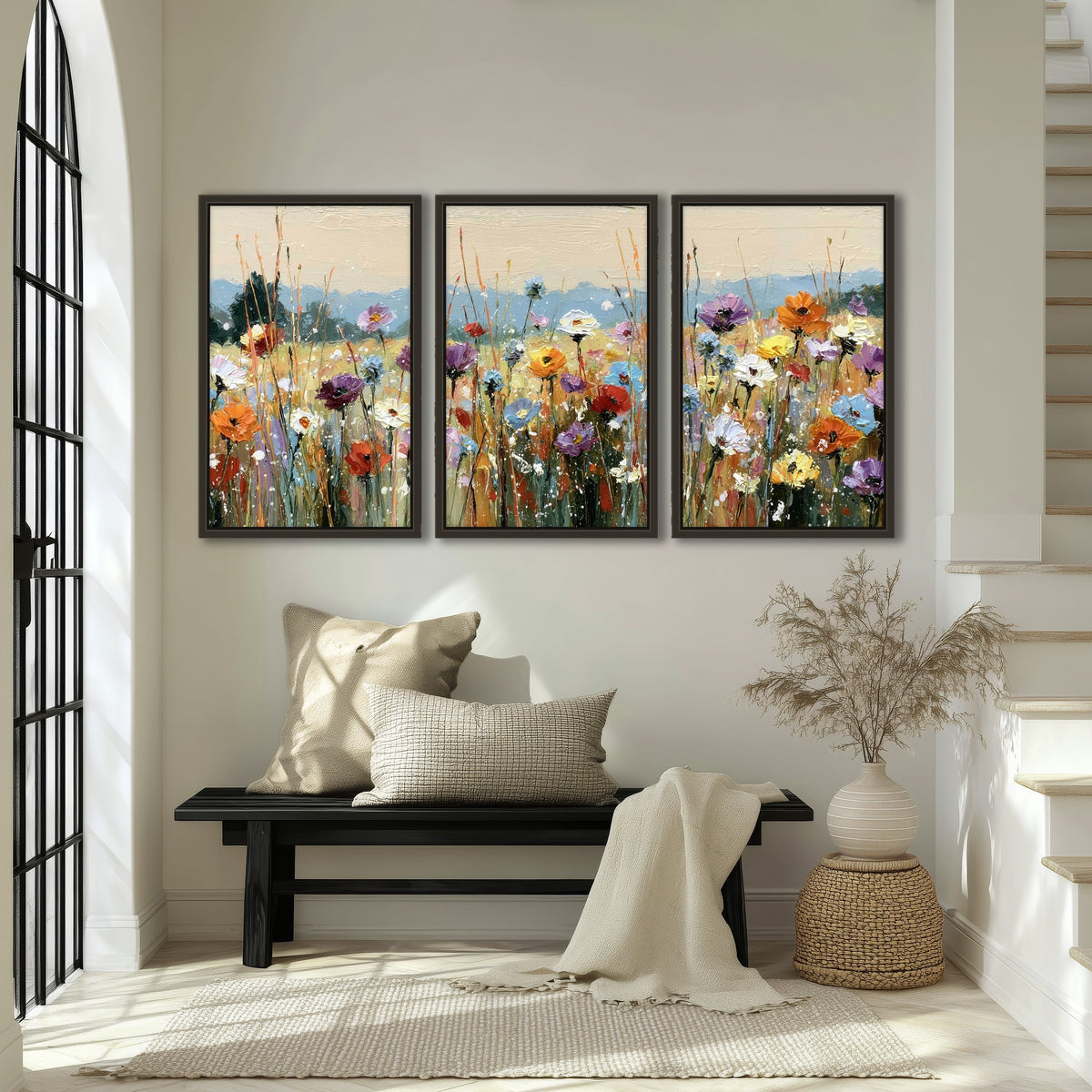 Colorful wildflower meadow painting 3 piece framed canvas in an entryway above a bench