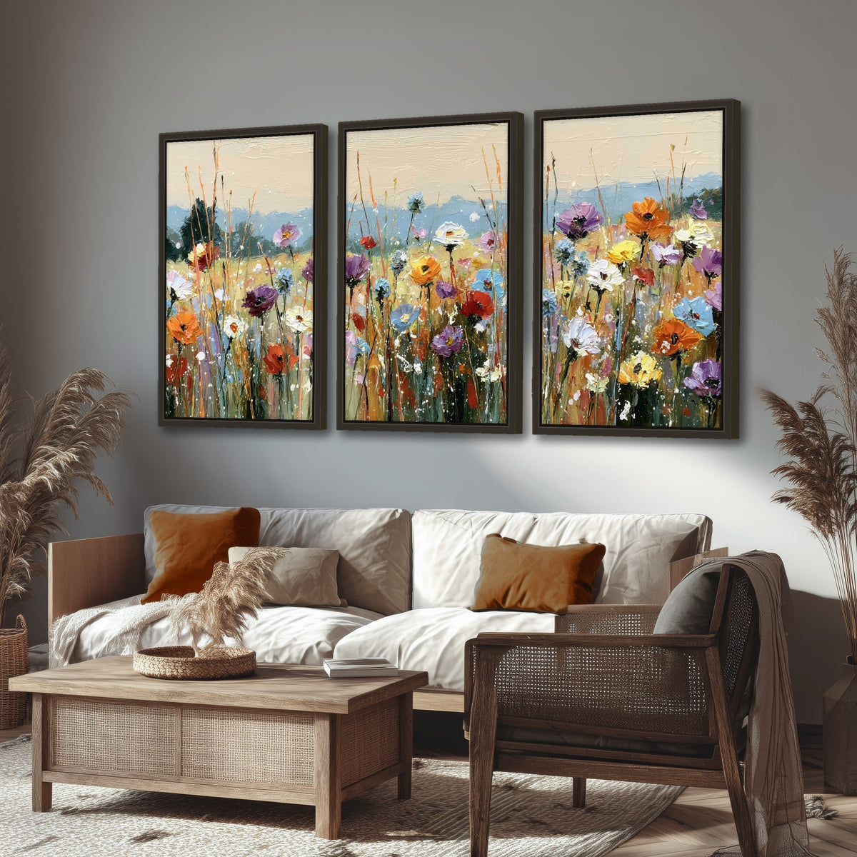 Colorful wildflower meadow painting 3 piece framed canvas in a rustic living room