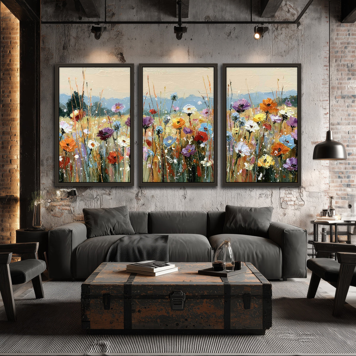 Colorful wildflower meadow painting 3 piece framed canvas in an industrial loft