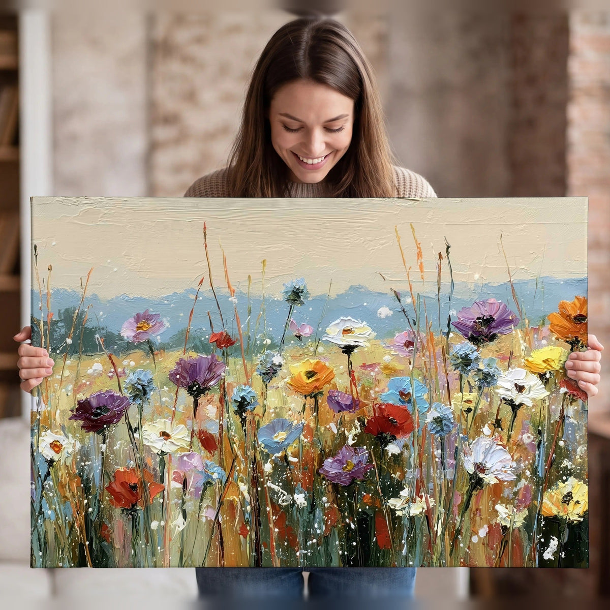 Colorful wildflower meadow painting canvas wall art held in hands