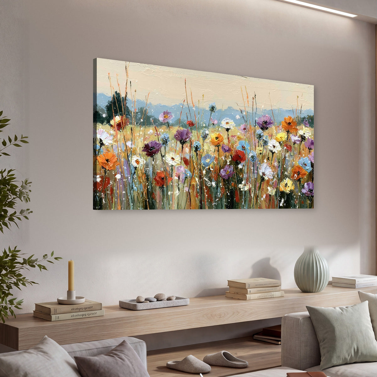 Colorful wildflower meadow painting canvas wall art in a living room above a console