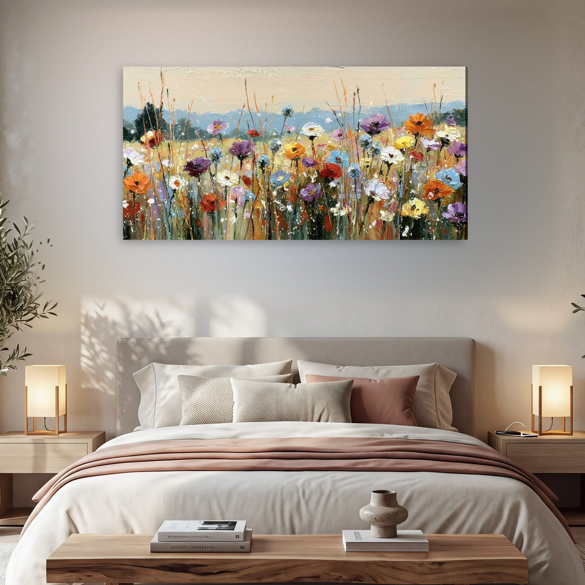 Colorful wildflower meadow painting canvas wall art in a bedroom above the bed
