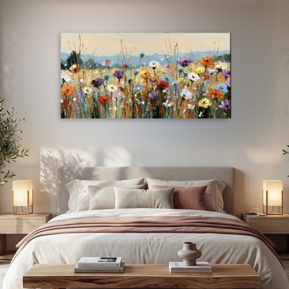 Colorful wildflower meadow painting canvas wall art in a bedroom above the bed