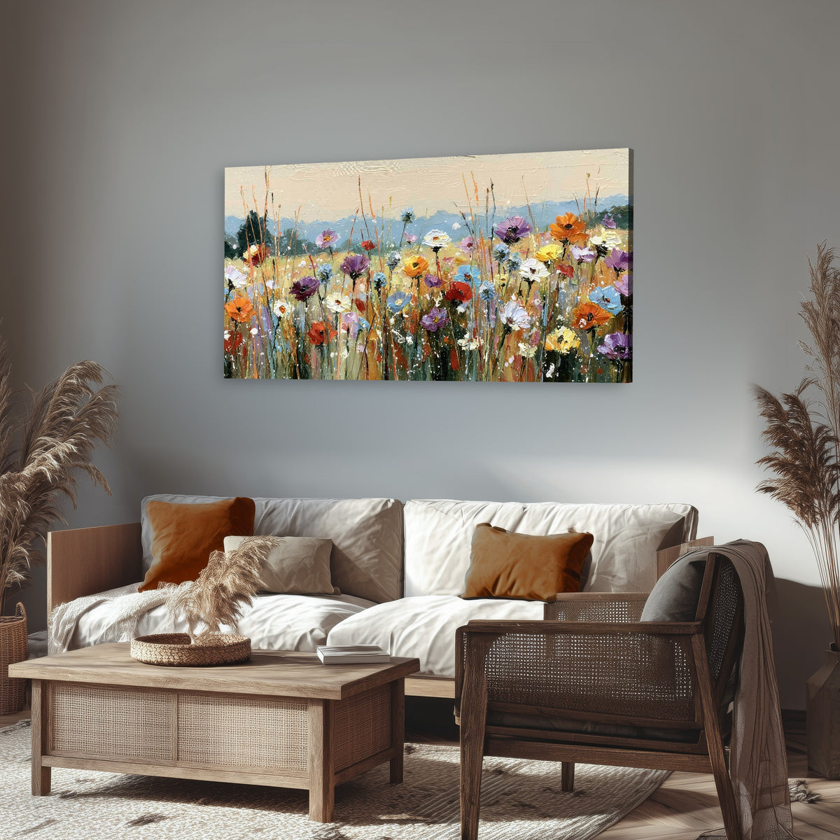 Colorful wildflower meadow painting canvas wall art in a rustic living room