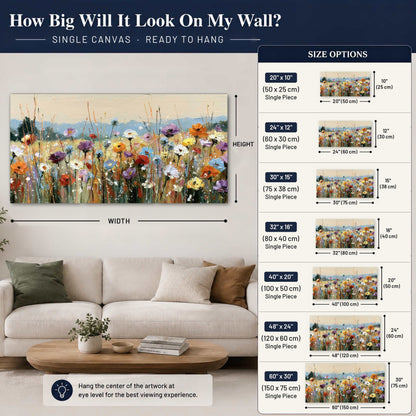 Colorful wildflower meadow painting canvas wall art size guide above a sofa