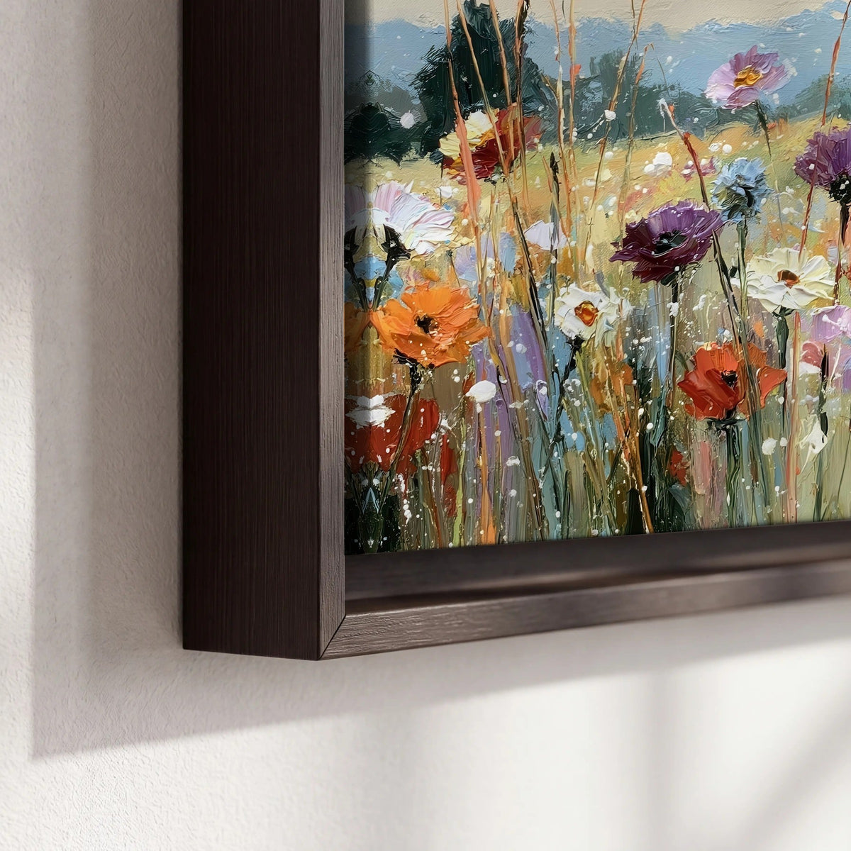 Colorful wildflower meadow painting framed canvas close-up showing the floating frame