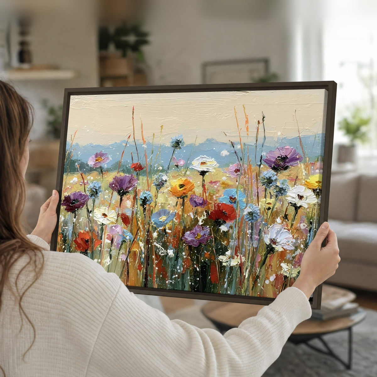 Colorful wildflower meadow painting framed canvas held in hands
