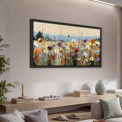 Colorful wildflower meadow painting framed canvas wall art in a living room above a console