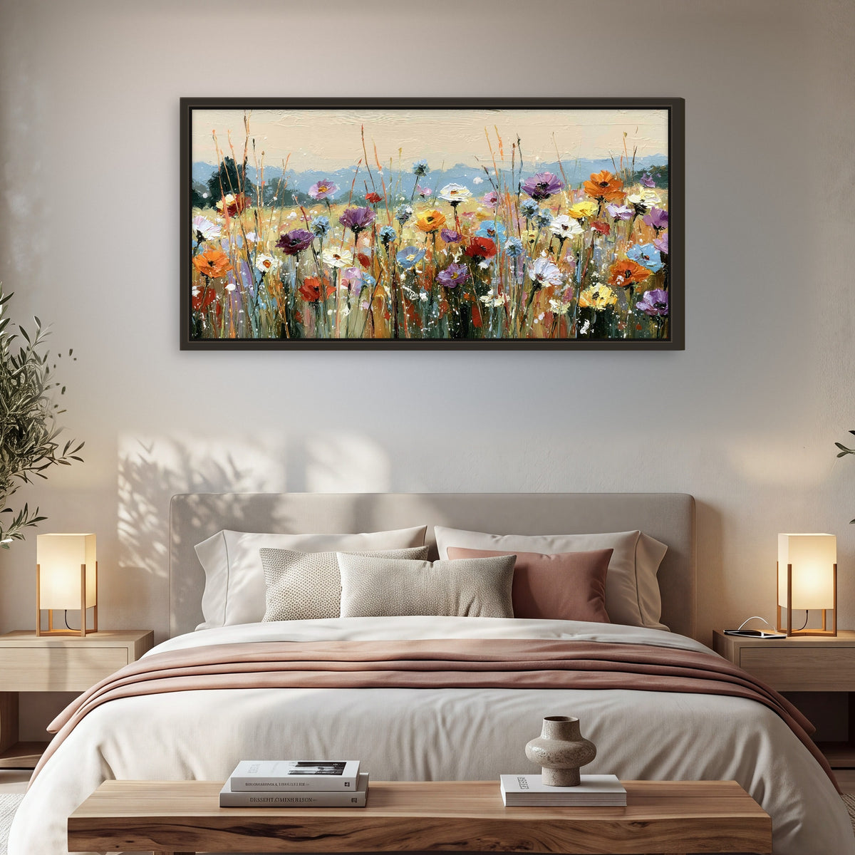 Colorful wildflower meadow painting framed canvas wall art in a bedroom above the bed