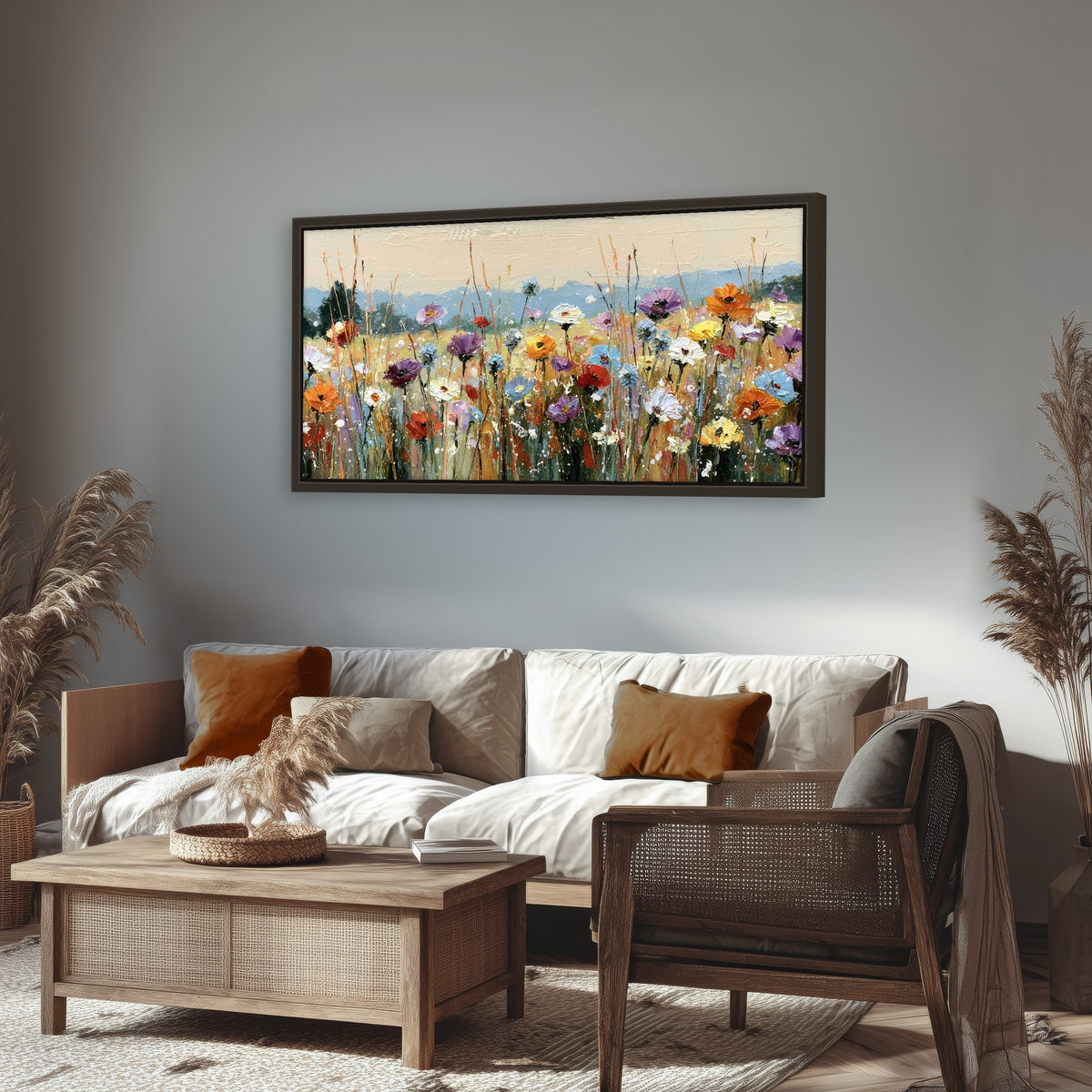 Colorful wildflower meadow painting framed canvas wall art in a rustic living room