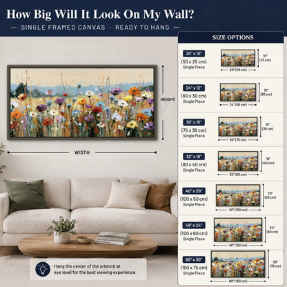 Colorful wildflower meadow painting framed canvas wall art size guide above a sofa