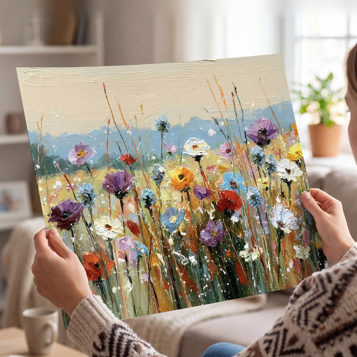 Colorful wildflower meadow painting poster print held in hands