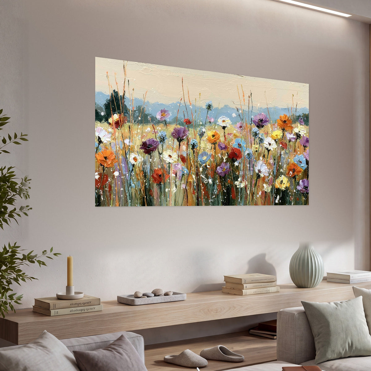 Colorful wildflower meadow painting poster print in a living room above a console
