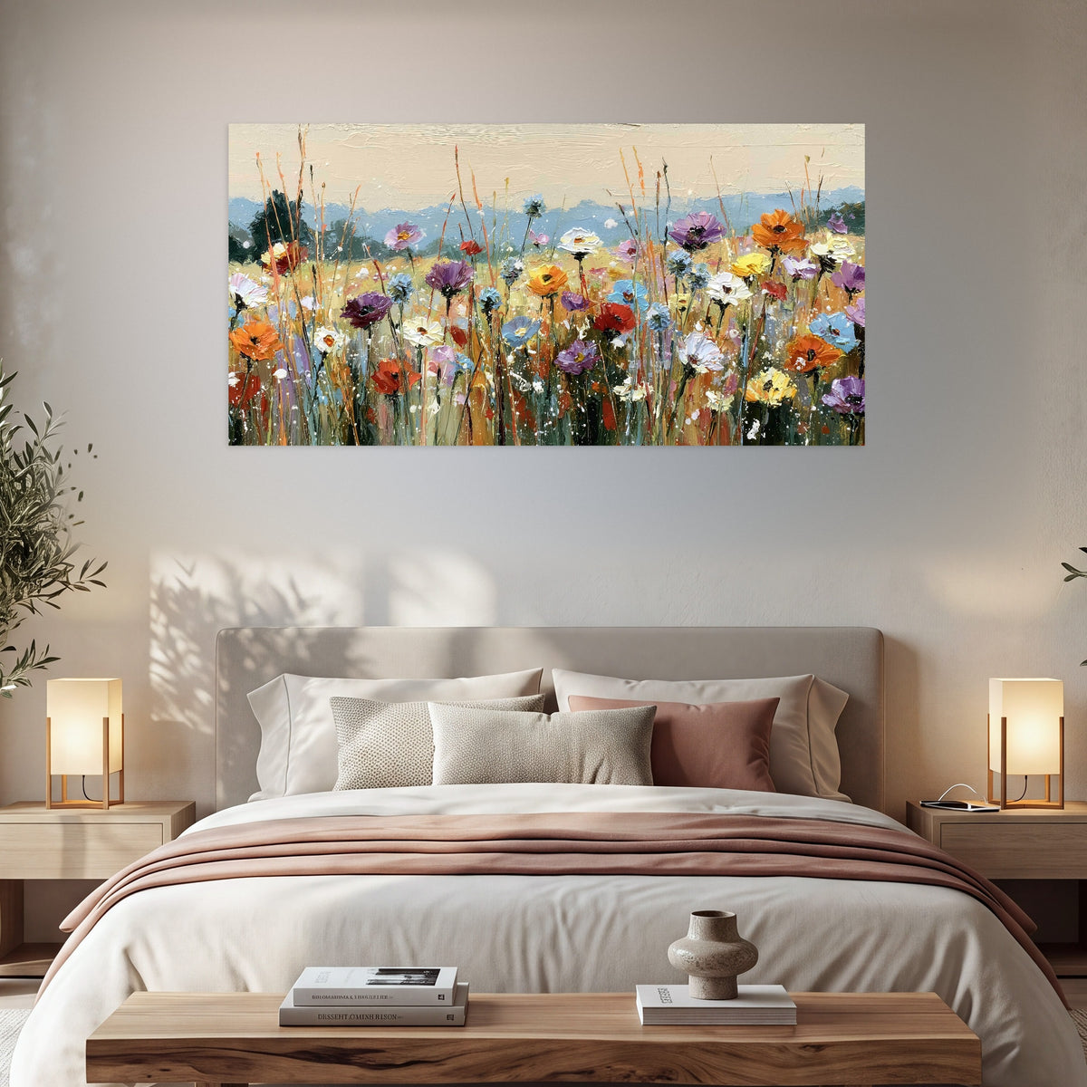 Colorful wildflower meadow painting poster print in a bedroom above the bed