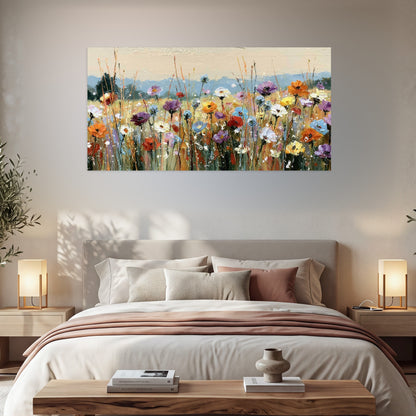Colorful wildflower meadow painting poster print in a bedroom above the bed