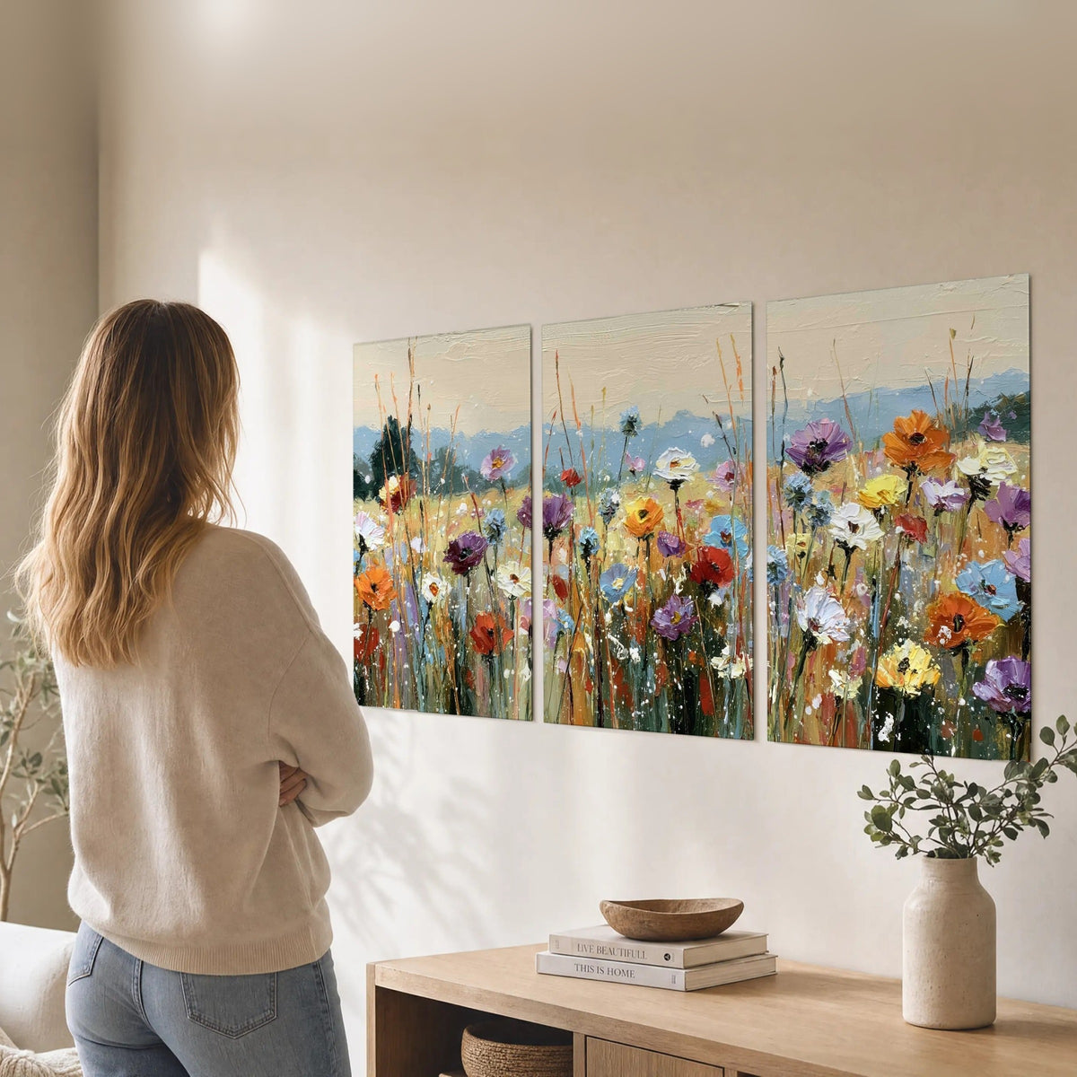 Colorful wildflower meadow painting set of 3 poster prints in a living room