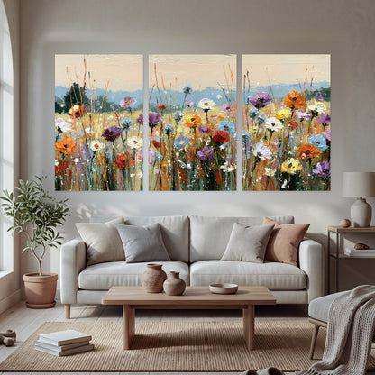 Colorful wildflower meadow painting set of 3 poster prints in a bright living room
