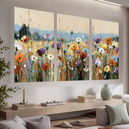 Colorful wildflower meadow painting set of 3 poster prints in a living room above a console