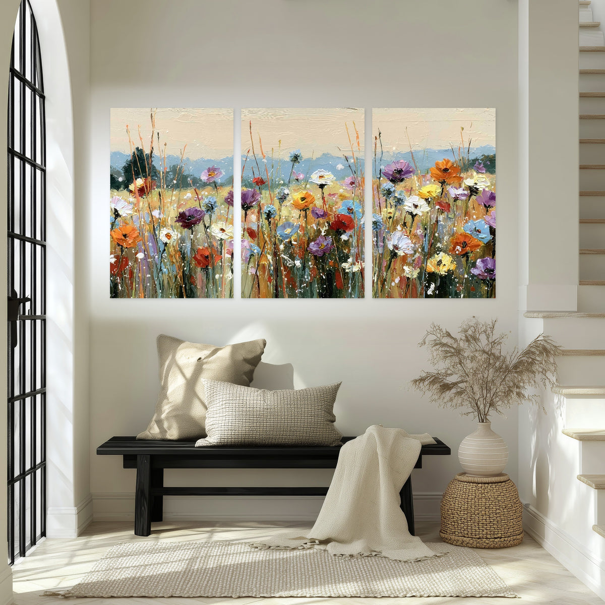 Colorful wildflower meadow painting set of 3 poster prints in an entryway above a bench