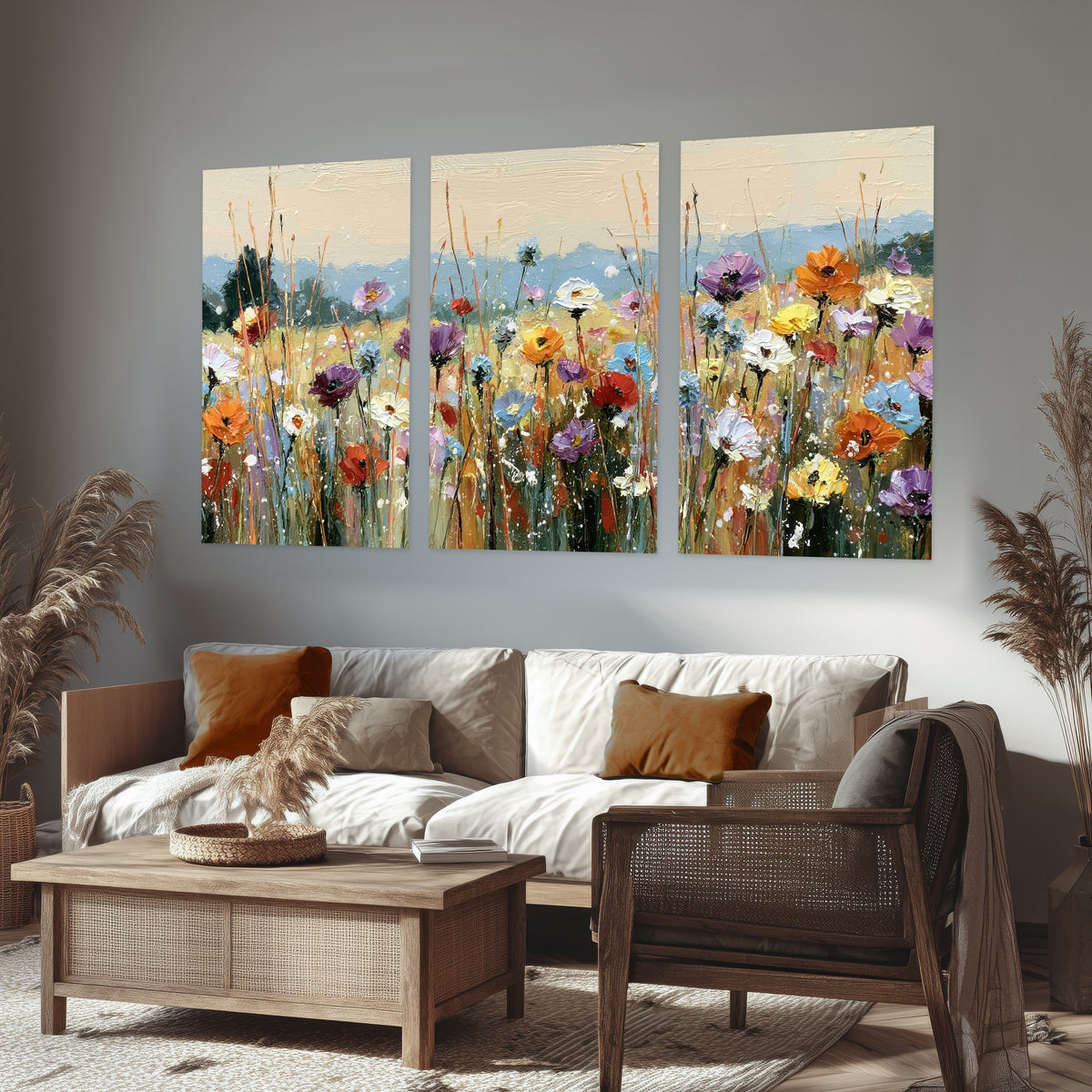 Colorful wildflower meadow painting set of 3 poster prints in a rustic living room