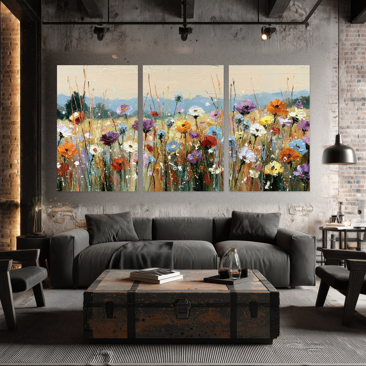 Colorful wildflower meadow painting set of 3 poster prints in an industrial loft