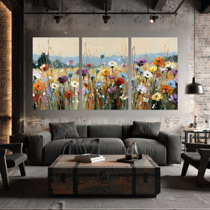 Colorful wildflower meadow painting set of 3 poster prints in an industrial loft