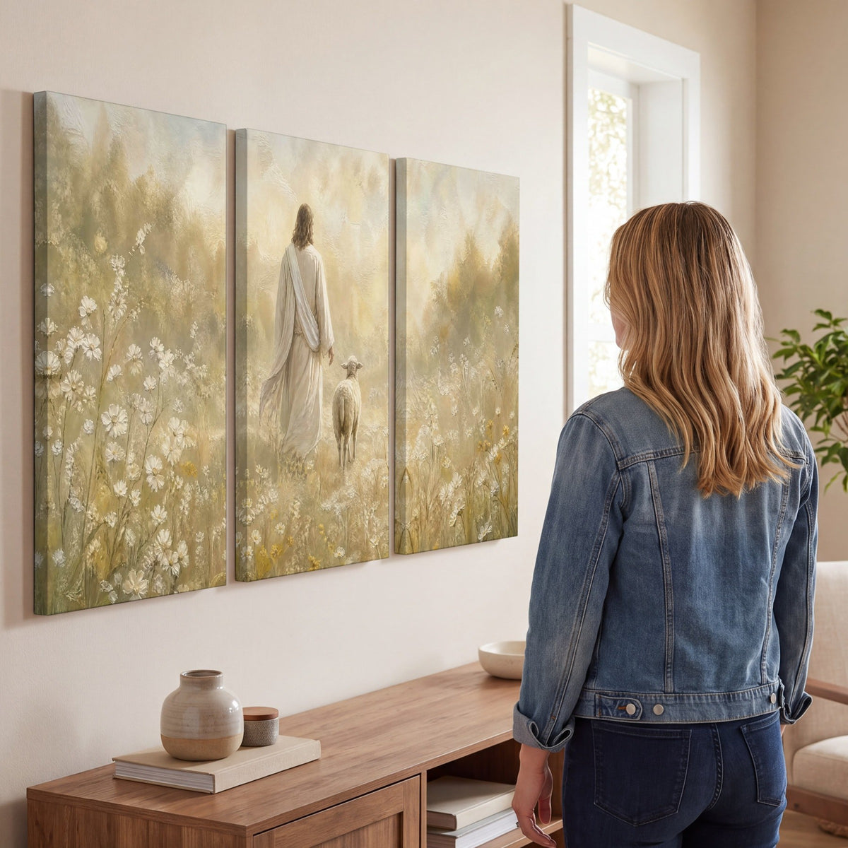 Jesus and the lamb painting 3 piece canvas wall art in a living room