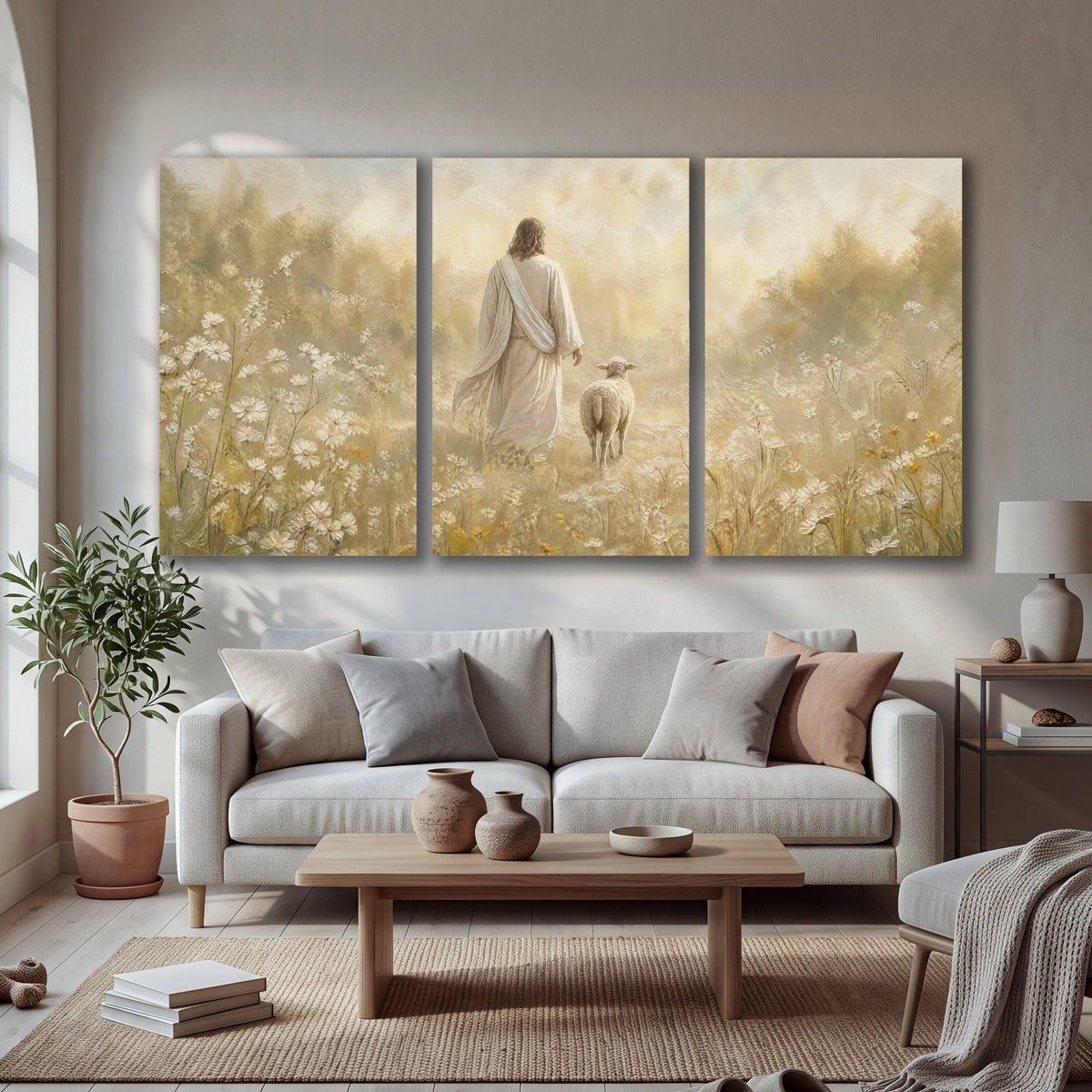 Jesus and the lamb painting 3 piece canvas wall art in a bright living room