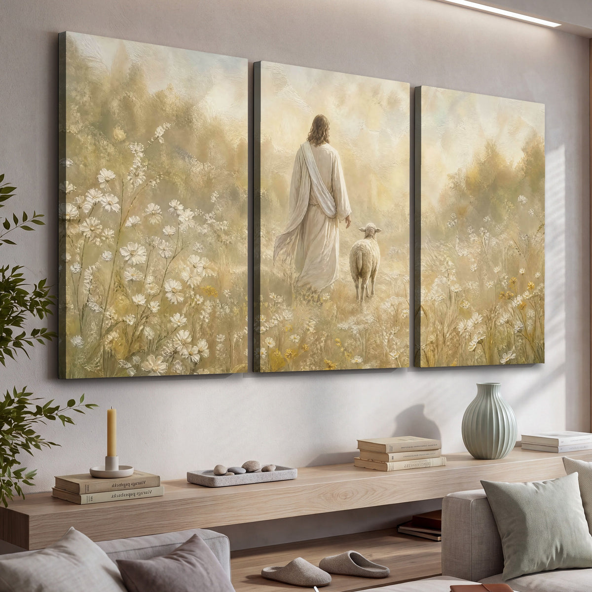 Jesus and the lamb painting 3 piece canvas wall art in a living room above a console