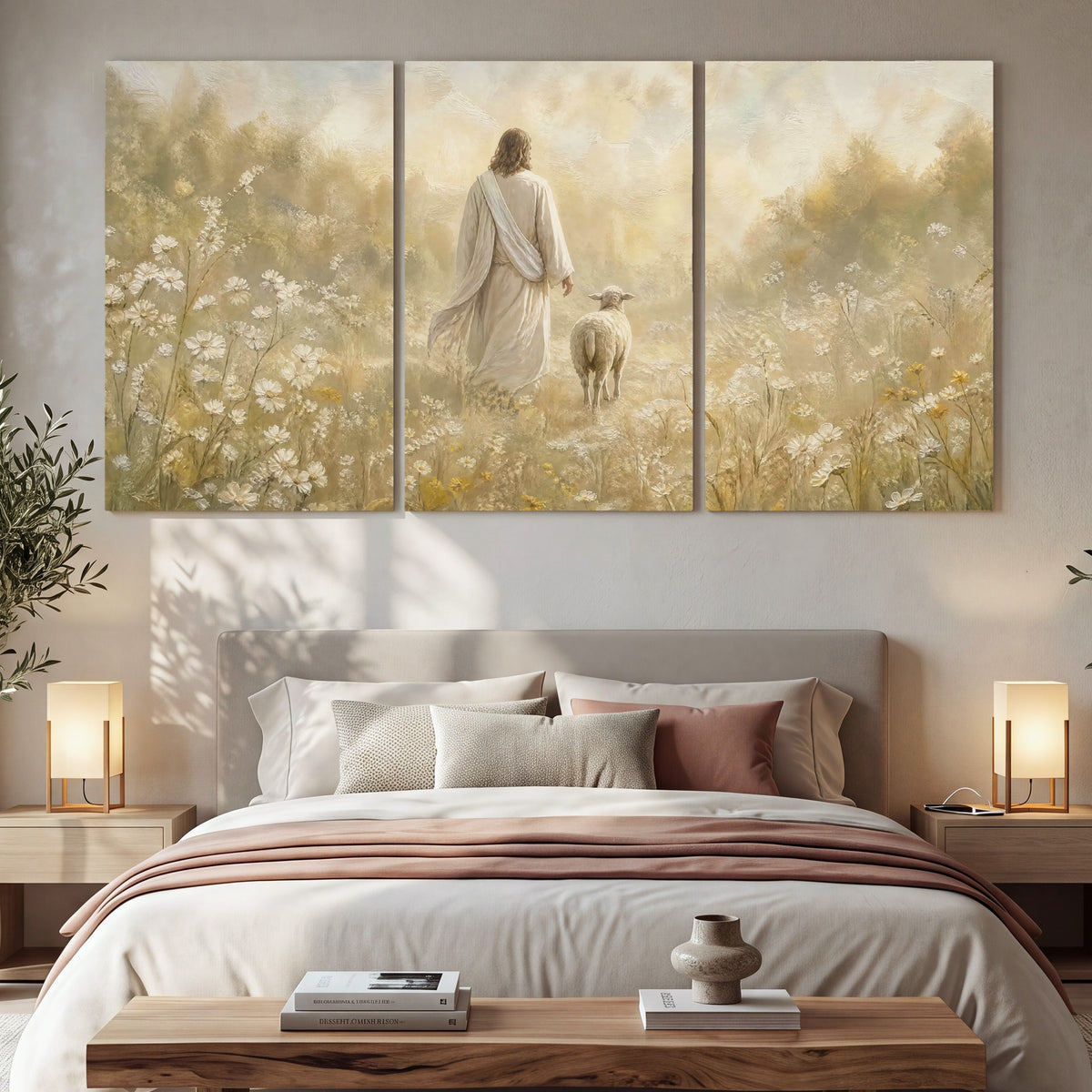 Jesus and the lamb painting 3 piece canvas wall art in a bedroom above the bed