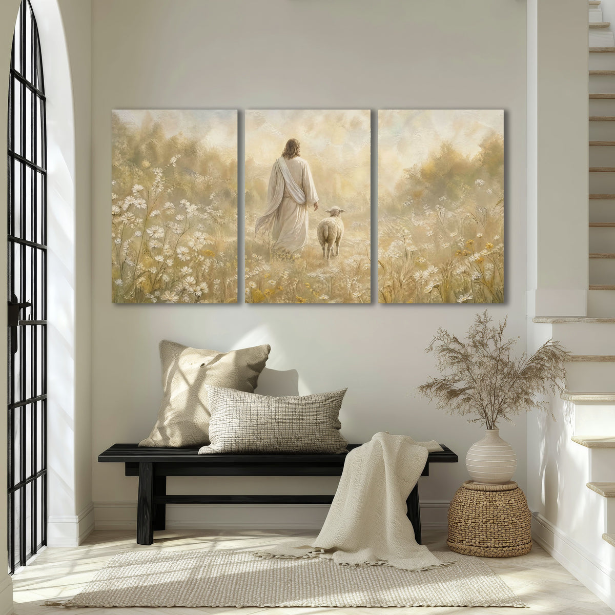 Jesus and the lamb painting 3 piece canvas wall art in an entryway above a bench